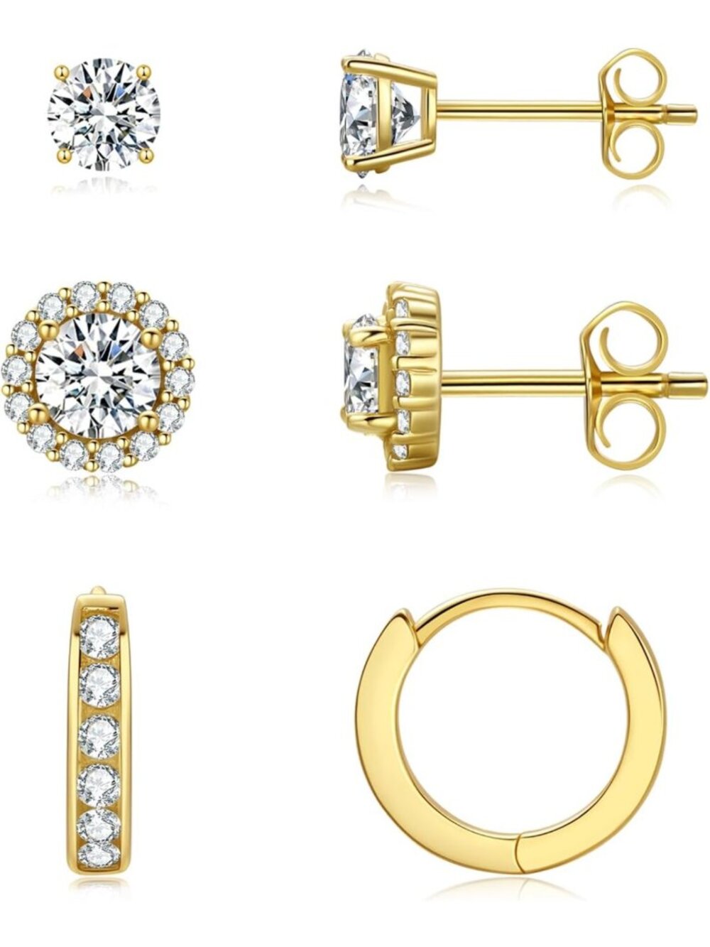 Gold Stackable Earrings Set for Women - 3 Holes Studs & Hoops, Chic Jewelry
